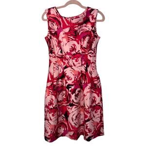 Taylor Pink Red Floral Scuba Fit & Flare Sleeveless To Knee Back Zipper Dress 6